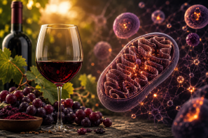 Vinho tinto, uvas e ilustração de mitocôndria em destaque, representando estudos científicos sobre compostos bioativos, saúde mitocondrial, produção de energia celular e envelhecimento saudável.