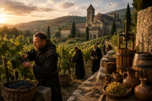 Adega subterrânea de um mosteiro medieval europeu com fileiras de barris de carvalho, monges transportando vinho à luz de velas e arcos de pedra iluminados por uma suave luz dourada, representando a tradição monástica na preservação e no aperfeiçoamento da cultura do vinho durante a Idade Média.