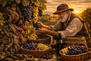 Vinicultor idoso colhendo uvas de uma vinha antiga ao pôr do sol, com cestas cheias de uvas e vinhedos ao fundo, simbolizando tradição e memória do vinho
