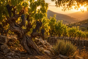 Vinha velha centenária com tronco retorcido e cachos maduros de uvas em vinhedo tradicional ao entardecer. A imagem representa a preservação das vinhas velhas, a memória do terroir, a viticultura histórica e a produção de vinhos de grande complexidade e identidade