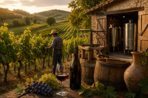 Vinhedo artesanal ao entardecer com viticultor cuidando manualmente das videiras, prensa tradicional de madeira, barris antigos, garrafa e taça de vinho sobre uma mesa rústica, ao lado de uma pequena vinícola equipada com modernos tanques de aço inox, simbolizando o encontro entre tradição e inovação na produção de vinhos artesanais.