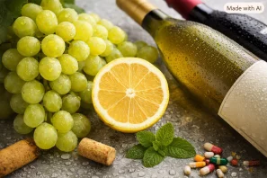 Cachos de uvas verdes e limão fatiado sobre superfície úmida, com garrafas de vinho ao fundo e folhas de hortelã, simbolizando o frescor e a acidez dos vinhos brancos