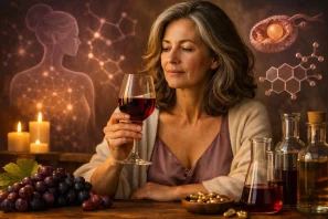 Mulher madura segura taça de vinho tinto à luz de velas, cercada por uvas, frascos de laboratório e cápsulas douradas, com silhueta feminina e símbolos hormonais iluminados ao fundo.