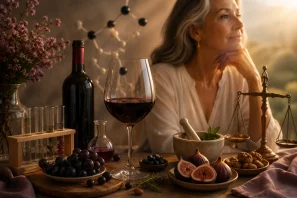 Mulher madura contemplando o horizonte ao lado de uma taça de vinho tinto sobre uma mesa com uvas, figos, nozes, ervas aromáticas e utensílios de laboratório, enquanto modelos moleculares e uma balança ao fundo simbolizam a relação entre ciência, equilíbrio hormonal, metabolismo e envelhecimento saudável