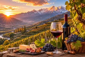Mesa rústica com taça e garrafa de vinho, cesta de uvas e queijos diante de vinhedos em colinas iluminadas pelo pôr do sol, com montanhas nevadas ao fundo