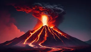 Ilustração de um vulcão em intensa atividade eruptiva, com rios de lava escorrendo pelas encostas, representando a formação dos solos vulcânicos que deram origem a alguns dos terroirs mais singulares da viticultura mundial.