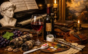 “Mesa elegante com taça e garrafa de vinho ao lado de piano, violino, partituras e paleta de pintura, iluminada por luz quente que destaca a harmonia entre arte, música e vinho.