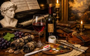 Mesa elegante com taça e garrafa de vinho ao lado de piano, violino, partituras e paleta de pintura, iluminada por luz quente que destaca a harmonia entre arte, música e vinho