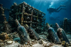 Garrafas de vinho envelhecendo no fundo do mar sobre estruturas metálicas cobertas por algas e organismos marinhos, enquanto mergulhadores exploram a adega submersa, ilustrando o método de maturação submarina utilizado por algumas vinícolas.