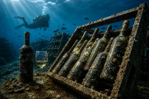 Garrafas de vinho envelhecendo em uma adega submarina no fundo do mar, cobertas por algas e organismos marinhos, enquanto um mergulhador observa a estrutura, ilustrando o método de maturação submarina utilizado por algumas vinícolas
