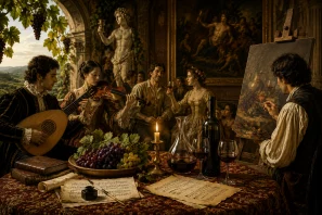 Salão renascentista iluminado por velas onde músicos tocam alaúde e violino enquanto um pintor retrata uma natureza-morta com vinho, uvas e manuscritos musicais. Ao fundo, convidados brindam diante de esculturas clássicas e pinturas inspiradas na cultura do vinho, simbolizando a histórica relação entre vinho, música e arte na Europa.