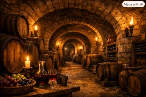 Adega subterrânea medieval em castelo europeu, com arcos de pedra, barris de madeira e iluminação por tochas.