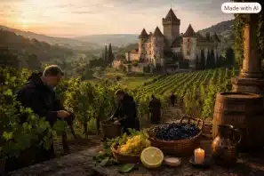 Castelo europeu sobre colina verde ao entardecer, com monges colhendo uvas em vinhedo iluminado pela luz dourada do pôr do sol, simbolizando tradição e mistério das adegas centenárias.