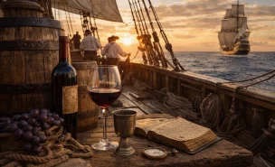 “Barricas de vinho e taça sobre o convés de navio antigo, com marinheiros ajustando velas ao pôr do sol e outra embarcação ao fundo no oceano