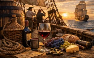 Convés de navio antigo com barris, taça e garrafa de vinho, pão, queijo e uvas, enquanto marinheiros ajustam velas ao pôr do sol e outro navio navega ao fundo.
