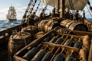 Convés de uma embarcação das Grandes Navegações com barris e garrafas de vinho cuidadosamente acondicionados entre cordas e caixas de madeira, enquanto marinheiros ajustam as velas sob um céu iluminado pelo sol, simbolizando o transporte do vinho durante as longas expedições marítimas europeias.