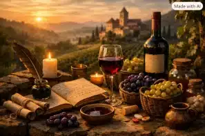 Livro aberto com pena e taça de vinho sobre mesa de madeira, cercados por cachos de uvas e vinhedos ao entardecer, simbolizando a união entre poesia e vinho