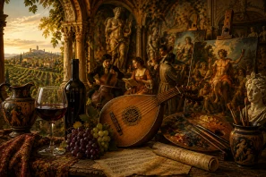 Natureza-morta em um elegante salão renascentista com taça e garrafa de vinho, cachos de uvas, alaúde, partituras antigas, paleta de pintura, pincéis e esculturas clássicas. Ao fundo, músicos e artistas trabalham diante de um vinhedo iluminado pelo pôr do sol, simbolizando a histórica relação entre vinho, música e arte na cultura europeia.