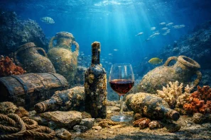 Garrafas de vinho cobertas por incrustações e corais repousam entre ânforas antigas no fundo do mar, iluminadas por raios de luz azul que atravessam a água.