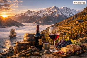 Mesa rústica com garrafa e taça de vinho diante de vinhedos em encostas montanhosas, com picos nevados e nuvens douradas ao pôr do sol