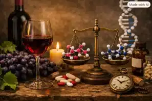 Taça de vinho tinto ao lado de balança de latão com modelos moleculares de hormônios, ampulheta, DNA e frascos de suplementos sobre mesa rústica, simbolizando o equilíbrio entre tempo, ciência e longevidade.