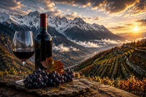 Vinhedo de altitude cultivado em terraços sobre montanhas ao pôr do sol, com fileiras de videiras maduras, paisagem alpina ao fundo e um produtor observando a plantação, representando as regiões extremas que produzem vinhos de alta qualidade e personalidade única