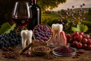 Taça e garrafa de vinho tinto ao lado de modelos anatômicos de dentes saudáveis, cachos de uvas, sementes, polifenóis e representação ampliada da microbiota oral, ilustrando a relação entre vinho, saúde bucal e compostos bioativos estudados pela ciência.
