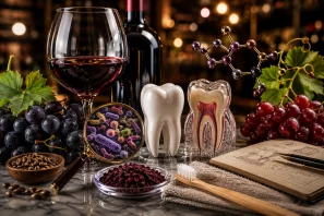 Taça e garrafa de vinho tinto ao lado de modelos anatômicos de dentes, lupa ampliando a microbiota oral, cachos de uvas, sementes, pó de uva, estrutura molecular dos polifenóis, escova de bambu e caderno de anotações científicas, representando pesquisas sobre vinho, saúde bucal e compostos bioativos.
