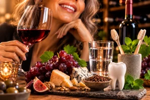 Mulher sorridente segurando uma taça de vinho tinto ao lado de uma mesa com uvas, queijos, figos, nozes, sementes e um modelo anatômico de dente com escovas de bambu, representando a relação entre vinho, alimentação equilibrada e saúde bucal.