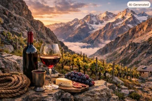 Taça e garrafa de vinho sobre rochas em vinhedo de montanha, com uvas e sol poente iluminando picos nevados e nuvens no vale