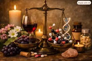 Balança de latão com taça de vinho em um prato e modelos moleculares de hormônios no outro, cercada por velas, flores e frascos de vidro, simbolizando o equilíbrio entre prazer, ciência e longevidade