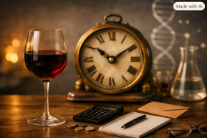 Taça de vinho tinto e relógio antigo sobre mesa de madeira com luz suave e elementos científicos ao fundo, simbolizando envelhecimento biológico e tempo.