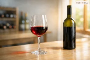 Taça de vinho tinto rubi com reflexos granada sobre mesa de degustação iluminada por luz natural, garrafa aberta ao lado e fundo de adega contemporânea desfocada