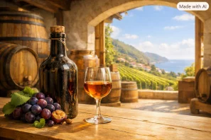 Garrafa antiga de Vinho Madeira e taça de vinho âmbar sobre mesa de madeira clara, ao fundo adega histórica iluminada e paisagem ensolarada da Ilha da Madeira com vinhedos verdes e céu azul.