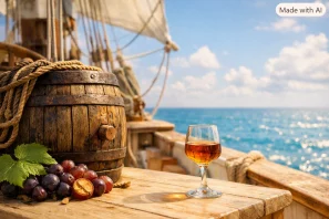 Barril antigo de vinho no convés de veleiro português sob sol tropical, com taça de vinho Madeira âmbar sobre mesa clara e oceano azul ao fundo.