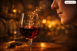 Taça de vinho tinto em close-up com moléculas aromáticas luminosas subindo em direção ao nariz de uma pessoa em perfil desfocado, fundo de adega elegante com luz suave e bokeh