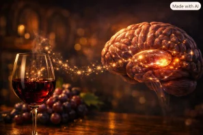 Cérebro humano com redes neurais luminosas conectando regiões de memória e emoção, partículas aromáticas provenientes de taça de vinho tinto formando trajetória visual em direção ao cérebro, fundo de adega escuro com uvas e folhas desfocadas