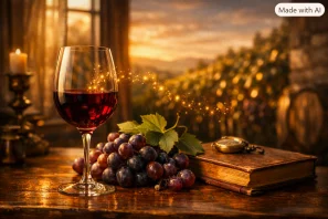 Taça de vinho tinto sobre mesa antiga com uvas, folhas de videira, livro fechado e luz dourada de fim de tarde entrando pela janela, evocando memória olfativa e lembranças afetivas