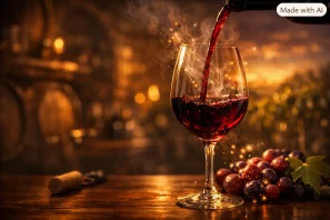 Taça de vinho tinto sendo servida sobre mesa de madeira nobre, com partículas aromáticas luminosas subindo e fundo desfocado de adega e vinhedo ao entardecer sob luz dourada. O Vinho que o Corpo Não Esquece: A Estranha História da Memória Olfativa