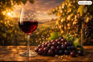 Taça de vinho tinto sobre mesa de madeira antiga com uvas maduras e folhas de videira, ao fundo vinhedo ao entardecer com luz dourada e elementos científicos sutis representando polifenóis e resveratrol