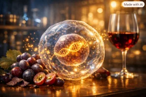 Célula humana translúcida com núcleo iluminado e partículas microscópicas inspiradas nos polifenóis da uva movendo-se em direção ao núcleo, com uvas e taça de vinho integradas a fundo de laboratório e adega elegante