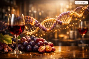 Taça de vinho tinto translúcido ao lado de uvas maduras e folhas verdes, com dupla hélice de DNA iluminada ao fundo e partículas luminosas conectando a fruta à estrutura genética em ambiente claro de laboratório e vinhedo