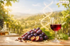 Taça de vinho tinto sobre mesa de madeira clara com uvas maduras e folhas verdes, ao fundo vinhedo ensolarado e dupla hélice de DNA etérea integrada à luz dourada, evocando natureza, ciência e longevidade