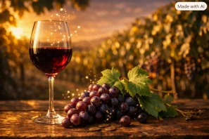 Taça de vinho tinto sobre mesa de madeira antiga com uvas maduras e folhas de videira, ao fundo vinhedo ao entardecer com luz dourada e elementos científicos sutis representando polifenóis e resveratrol.