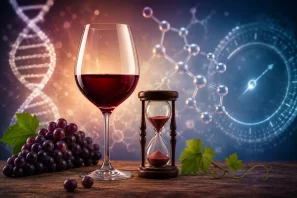 Taça de vinho tinto, uvas e ampulheta diante de uma representação luminosa de DNA e relógio, simbolizando vinho, envelhecimento biológico e epigenética. Vinho e Envelhecimento Biológico: O Que os Relógios Epigenéticos Revelam?