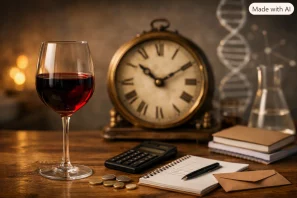 Taça de vinho tinto sobre mesa de madeira com relógio antigo e elementos científicos ao fundo, simbolizando envelhecimento biológico e tempo