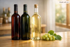 Três garrafas de vinho — âmbar, verde e transparente — sobre mesa de madeira clara, com uvas brancas e folhas de videira, iluminadas por luz natural suave em ambiente de adega contemporânea.