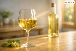 Taça de vinho branco dourado iluminada por feixe lateral de luz natural, com reflexos microscópicos sutis sugerindo atividade molecular invisível, garrafa transparente desfocada ao fundo e mesa de madeira clara
