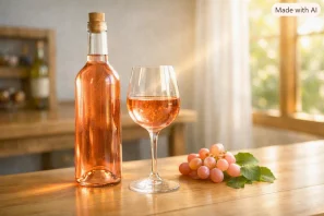 Garrafa e taça de vinho rosé sobre mesa de madeira clara próximas a janela iluminada por luz natural intensa, com uvas rosadas e cortina clara parcialmente aberta em ambiente contemporâneo.