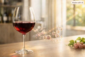 Taça de vinho tinto rubi sobre mesa clara de degustação, ao lado de estruturas translúcidas sugerindo interação molecular entre taninos e proteínas salivares em ambiente luminoso e sofisticado.